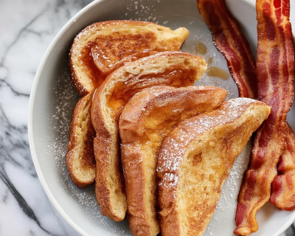 Delicious fluffy French toast made with eggs, milk, and sugar served on a plate.
