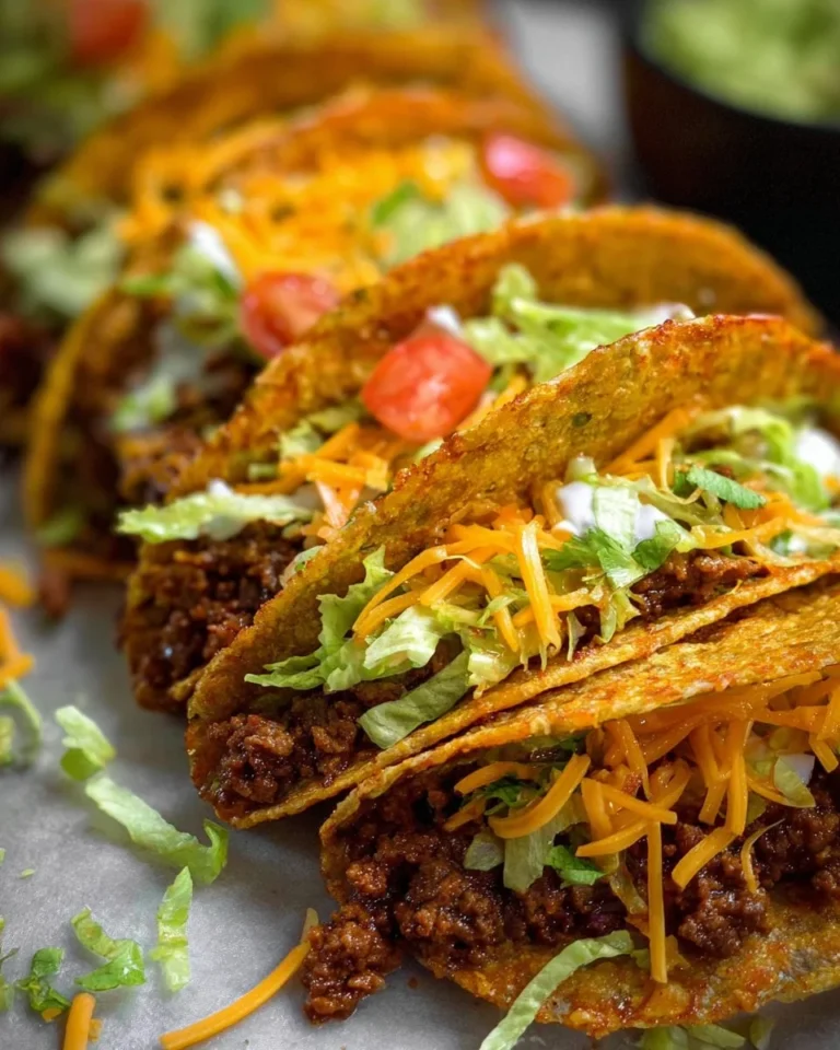 Baked crispy beef tacos served on a plate with toppings
