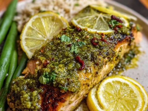 Baked pesto salmon dish garnished with fresh herbs and lemon slices