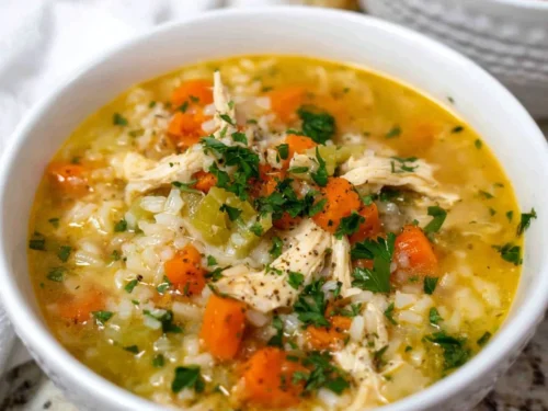 Bowl of delicious homemade Chicken Rice Soup garnished with herbs.