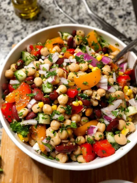Colorful and nutritious dense bean salad with a variety of beans and vegetables