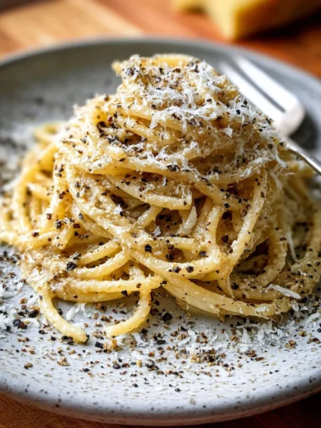 Bowl of gluten-free cacio e pepe with cheese and pepper seasoning