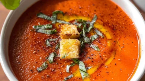 Bowl of gluten-free tomato soup garnished with fresh herbs