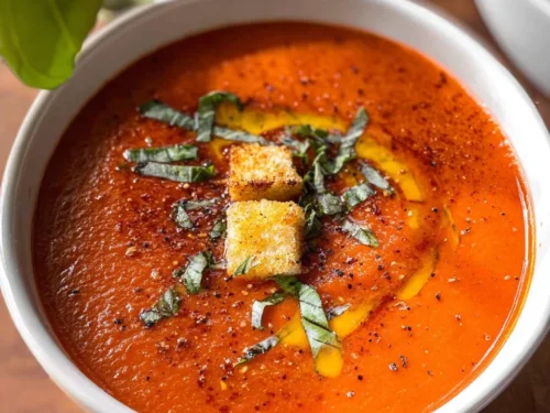 Bowl of gluten-free tomato soup garnished with fresh herbs