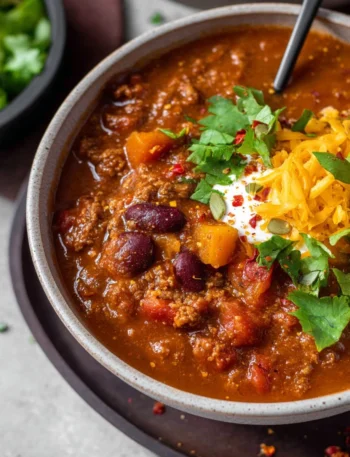 Bowl of hearty pumpkin chili topped with cilantro and cheese