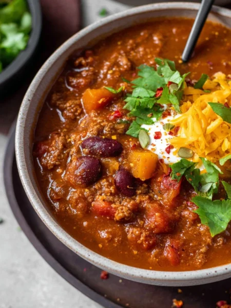 Bowl of hearty pumpkin chili topped with cilantro and cheese