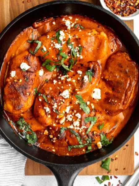 Juicy Roasted Red Pepper Chicken garnished with herbs and served on a plate.