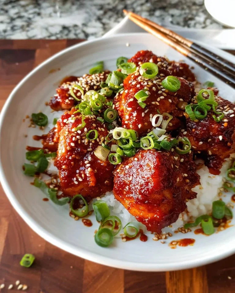 Spicy Gochujang Chicken served with vegetables and rice on a plate